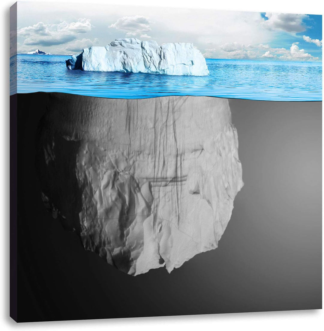 Pixxprint riesiger Eisberg im Wasser Illusion schwarz/weiss, Format: 70x70 auf Leinwand, 70x70