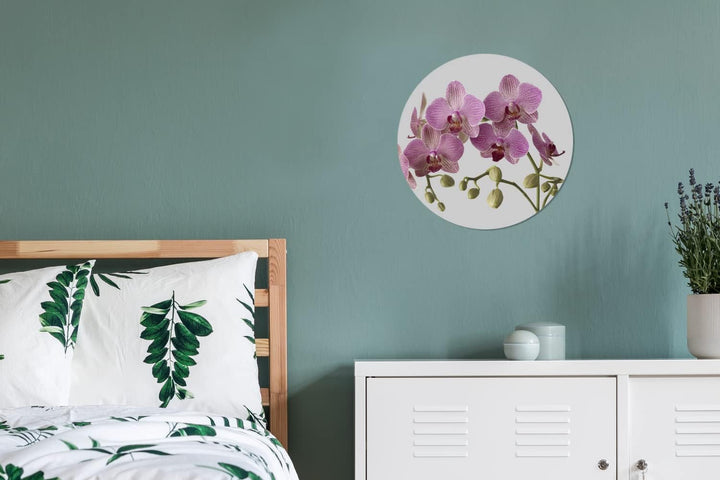MuchoWow Wandbild Rund Wanddeko Deko Wohnzimmer Bilder 30x30 cm Orchideen auf grauem Hintergrund, 30