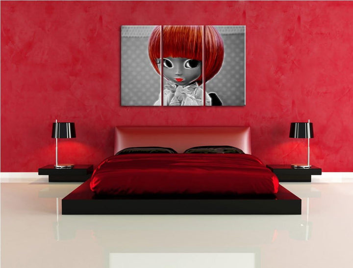 hübsche Puppe im traditionellen Kimono schwarz/weiss Spezial 3-Teiler Leinwandbild 120x80 Bild auf L