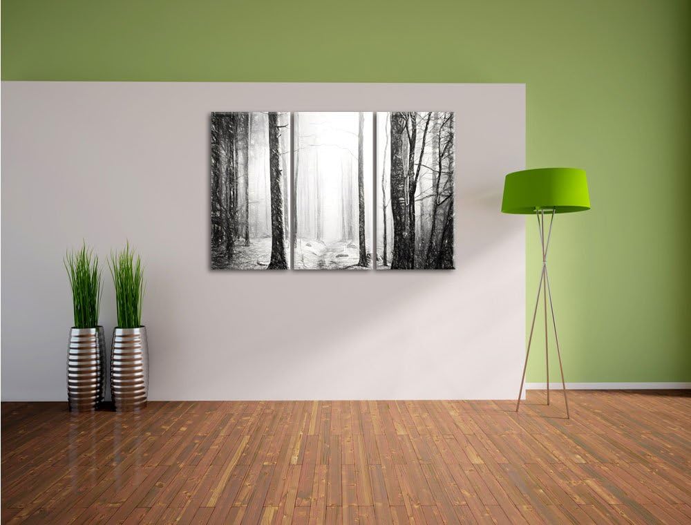Pixxprint Mystischer Wald Kohle Zeichnung Effekt 3-Teiler Leinwandbild 120x80 Bild auf Leinwand
