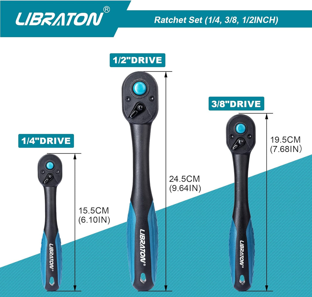 LIBRATON Umschaltknarre Antrieb, 72 Zähne Ratschengriff mit Schnellspanner, 3 TLG 1/4" 3/8" 1/2" Rat