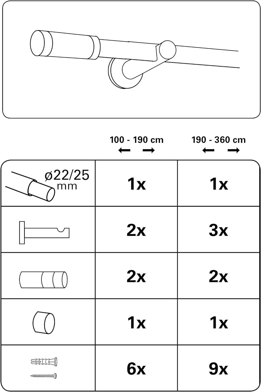 GARDINIA Gardinenstangen-Set, 1-Lauf, Zylinder, Ø 22/25 mm, 100-190 cm, Metall, Bronze Bronze 100 -
