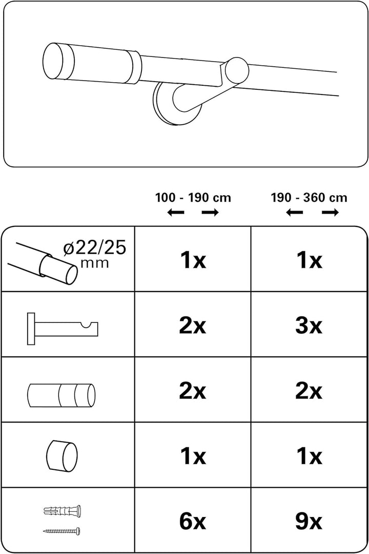 GARDINIA Gardinenstangen-Set, 1-Lauf, Zylinder, Ø 22/25 mm, 100-190 cm, Metall, Bronze Bronze 100 -