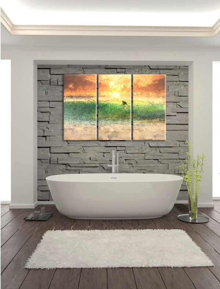 Pixxprint Surfen im Sonnenuntergang als Leinwandbild/Grösse: 3 Teilig (120x80 cm) cm/Wandbild/Kunstd