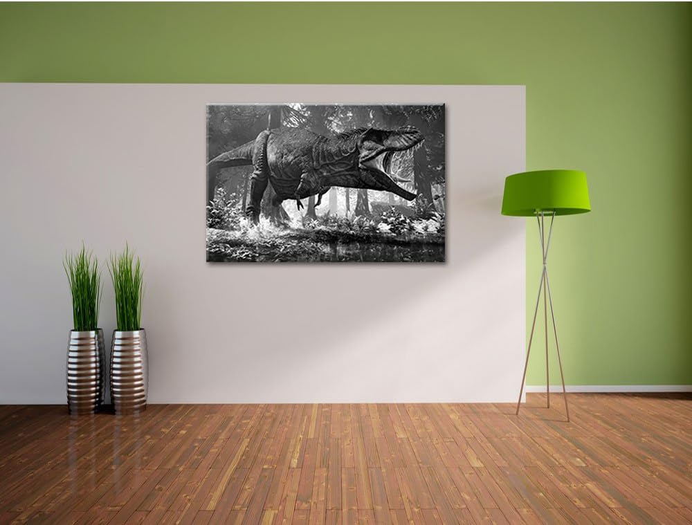 Pixxprint T-Rex Dinosaurier im Wald Kunst B&W, Format: 100x70 auf Leinwand, 100x70