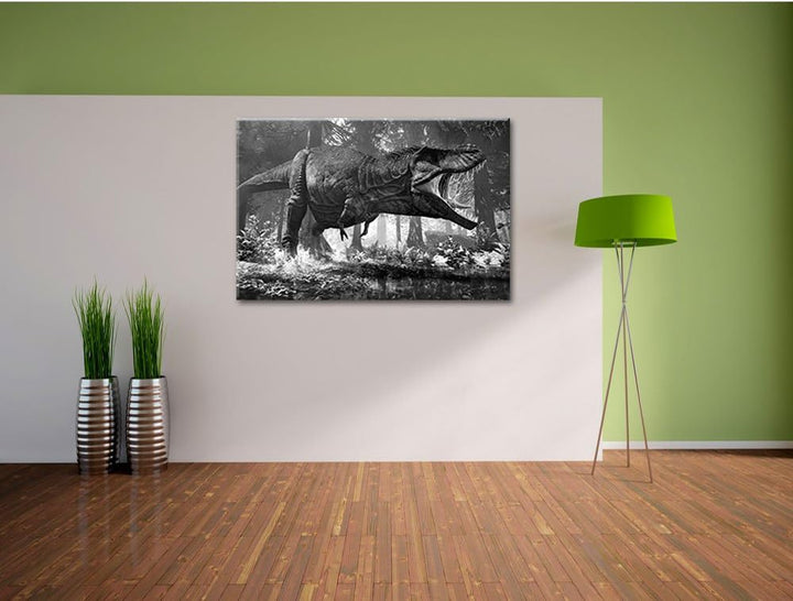 Pixxprint T-Rex Dinosaurier im Wald Kunst B&W, Format: 100x70 auf Leinwand, 100x70