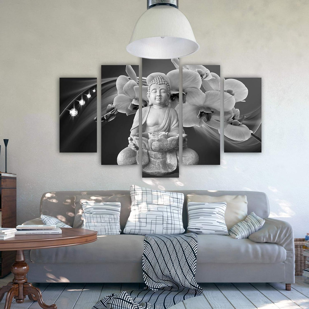Feeby Wandbild XXL 5 Teilig Abstrakt Leinwandbild Buddha Blumen Schwarzweiss 300x140 cm Leinwandbild