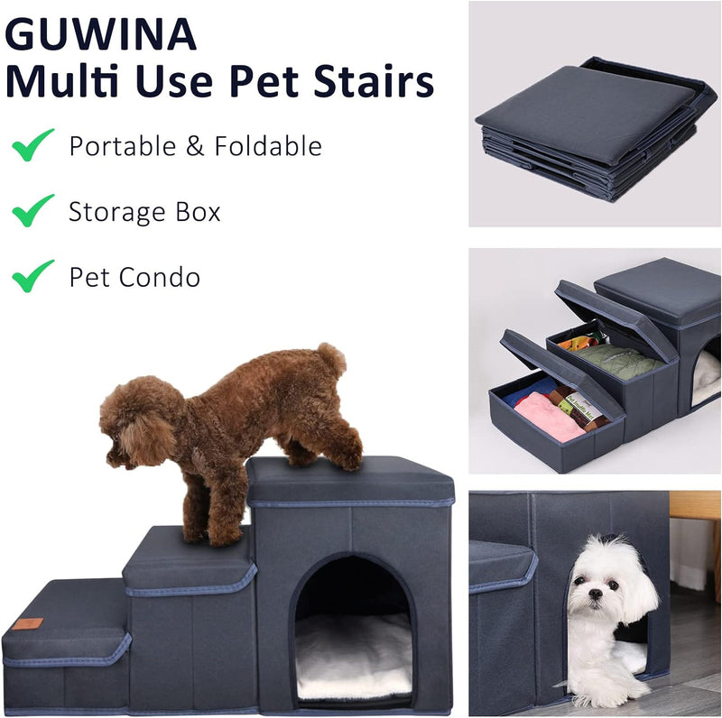 GUWINA Hundetreppe 3 Stufen, Haustiertreppe Faltbar für Sofa & Bett, Abnehmbar Tiertreppe Klappbar m