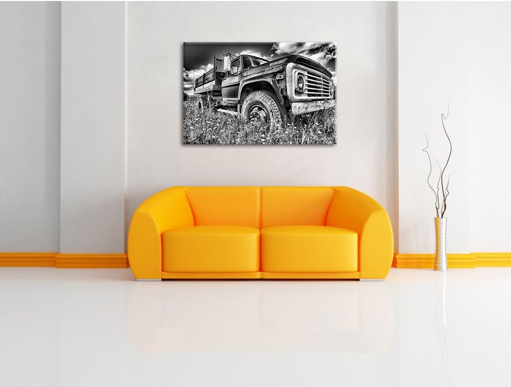 Pixxprint USA Truck auf Blumenwiese 100x70cm Leinwandbild Wandbild Kunstdruck