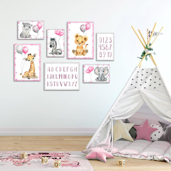 Novart Wandbilder Tiere - KOMPLETT AUFHÄNGFERTIG - Afrika Rosa Kinderzimmer Mädchen- 7 Moderne Mood-