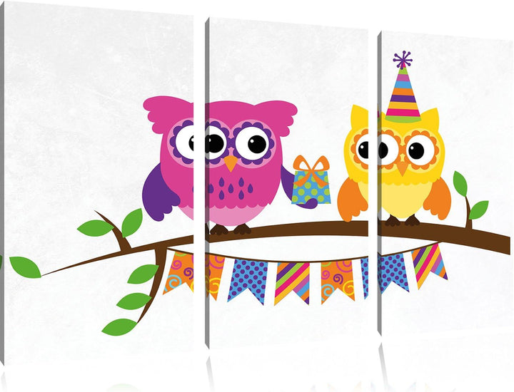 Pixxprint Eulen mit Geschenk auf AST als Leinwandbild/Grösse: 3 Teilig (120x80) cm/Wandbild/Kunstdru