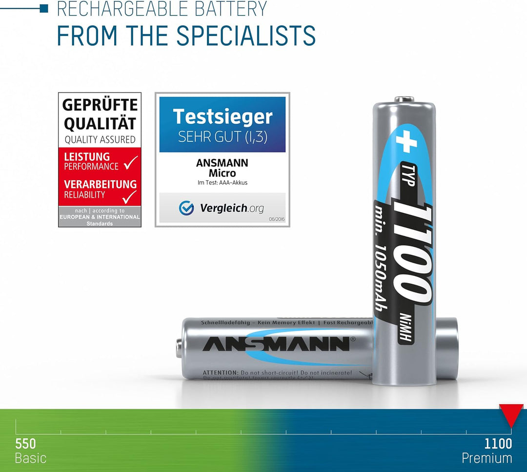 ANSMANN Akku AA Typ 2850 mAh, NiMH 1,2 V (8 Stück) & Akku AAA Typ 1100 mAh (min. 1050 mAh) NiMH 1,2