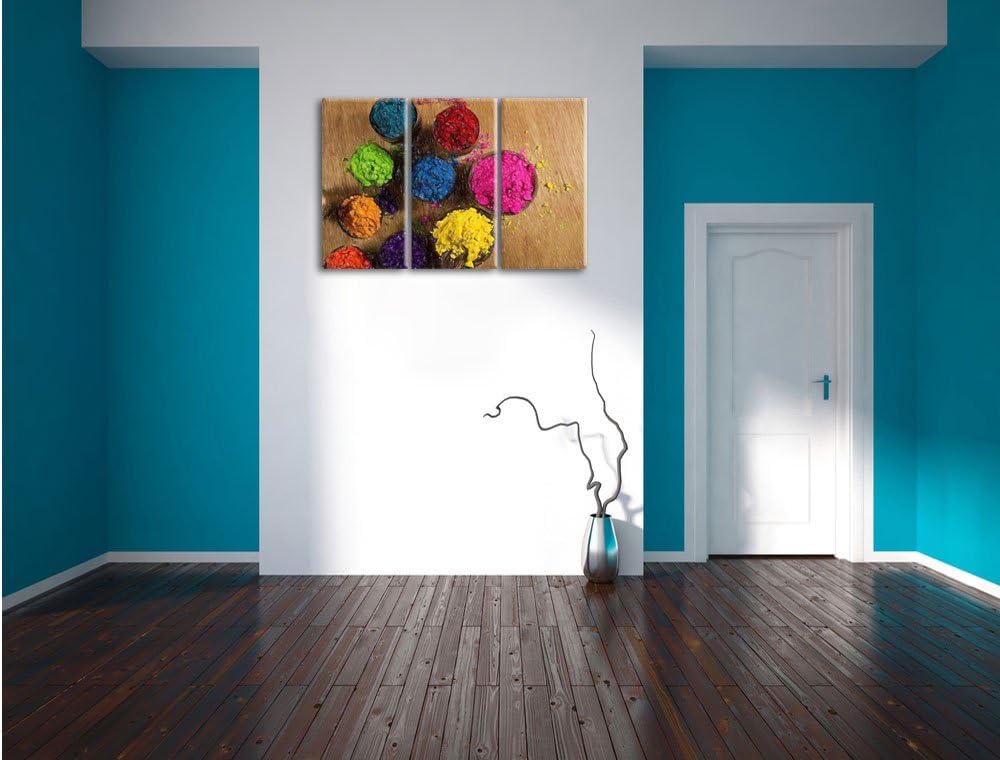 Pixxprint Indisches Farbpulver / 3-Teilig/Gesamtmass 120cm Leinwandbild bespannt auf Holzrahmen/Wand