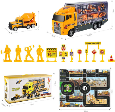 Hapavis Baufahrzeuge Spielzeug für Jungen 26 in 1 Die-Cast Engineering Truck Set mit Spielmatte für