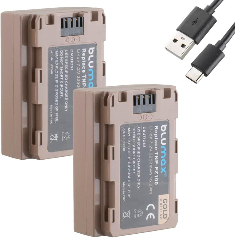 2X Blumax Gold Akku ersetzt Sony NP-FZ100 (2250mAh) mit USB Typ-C Ladebuchse - NTC-Sensor & V1-Gehäu