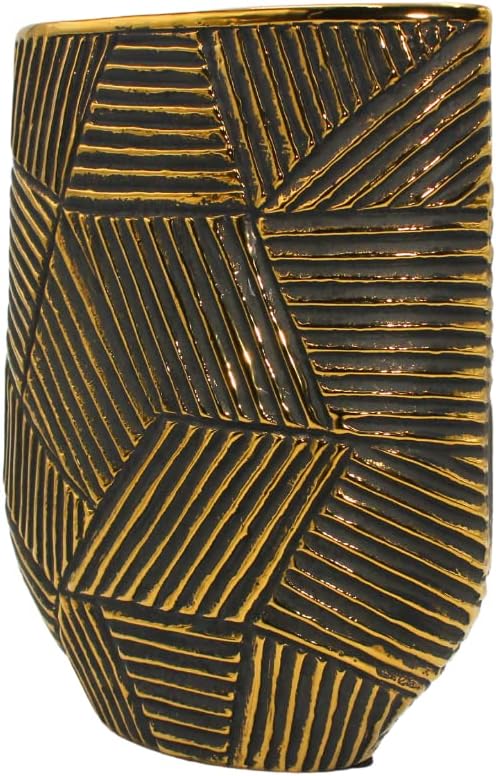 Edle hochwertige schmale Keramik Vase in Gold-schwarz, oval. gestreift, Grösse: H/B/Ø ca. 24 x 19 x