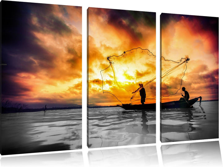 Pixxprint Angler mit grossem Fangnetz als Leinwandbild/Grösse: 3 Teilig (120x80) cm/Wandbild/Kunstdr