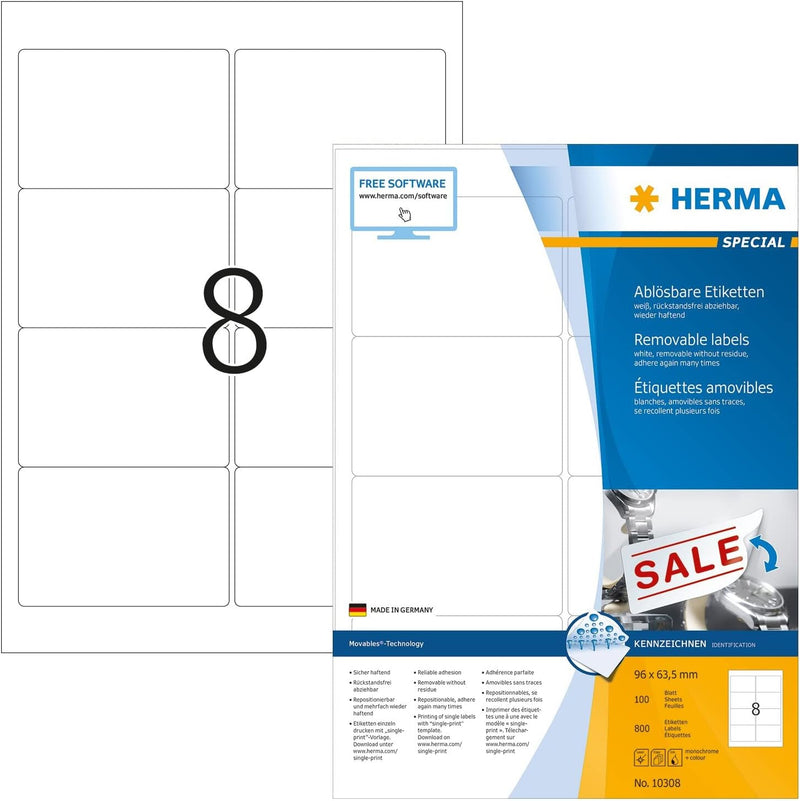 HERMA 10308 Universal Etiketten ablösbar, 100 Blatt, 96 x 63,5 mm, 8 Stück pro A4 Bogen, 800 Aufkleb