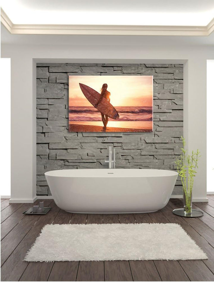 Pixxprint Surferin vor Sonnenuntergang als Leinwandbild/Grösse: 100x70 cm/Wandbild/Kunstdruck/fertig