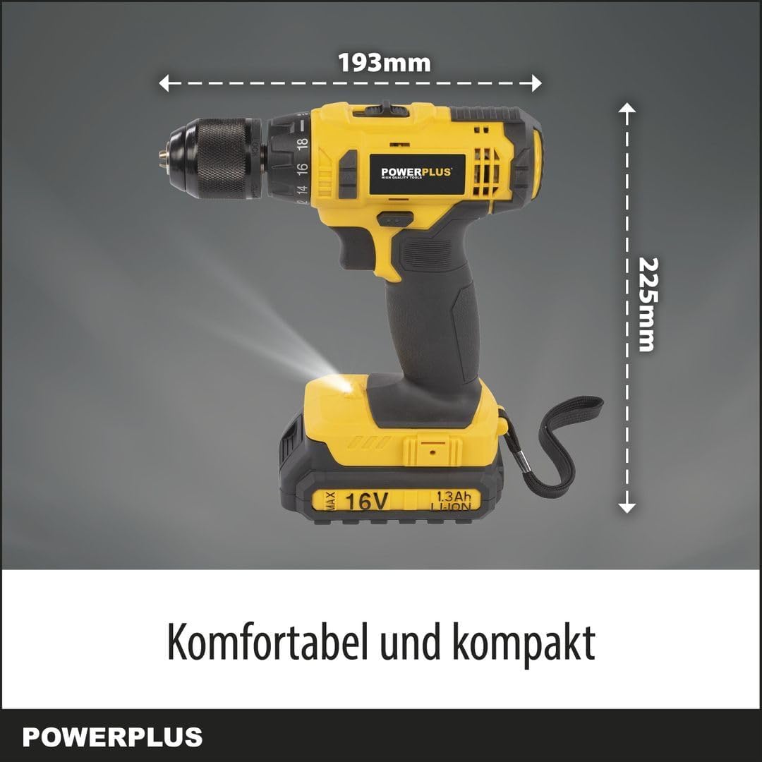 Powerplus Akkuschrauber & Bohrer POWX00425 - Akku Schraubendreher & Bohrer 16V, inkl. 2 x 1,3Ah Akku