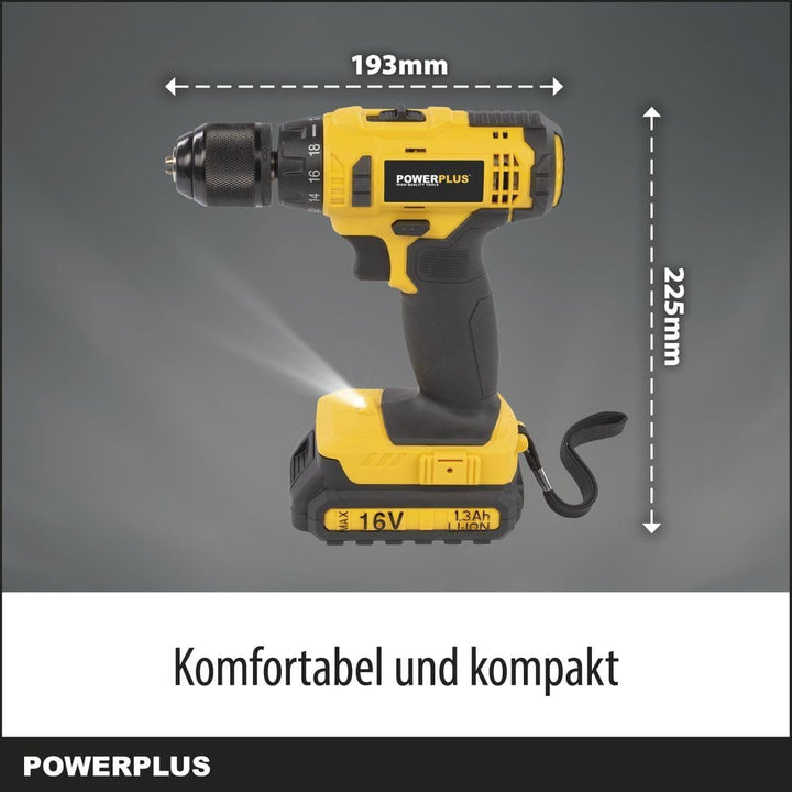 Powerplus Akkuschrauber & Bohrer POWX00425 - Akku Schraubendreher & Bohrer 16V, inkl. 2 x 1,3Ah Akku