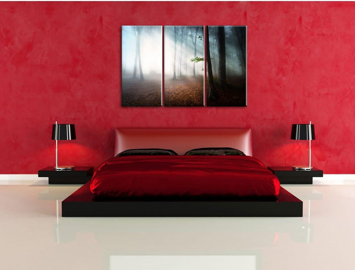 Pixxprint Düsterer Wald im Nebel als Leinwandbild/Grösse: 3 Teilig (120x80) cm/Wandbild/Kunstdruck/f