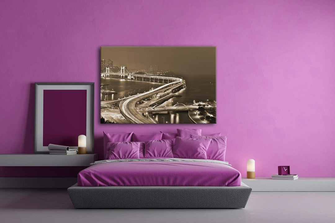 deyoli Gwangan-Brücke in Korea Format: 80x60 Effekt: Sepia als Leinwand, Motiv fertig gerahmt auf Ec