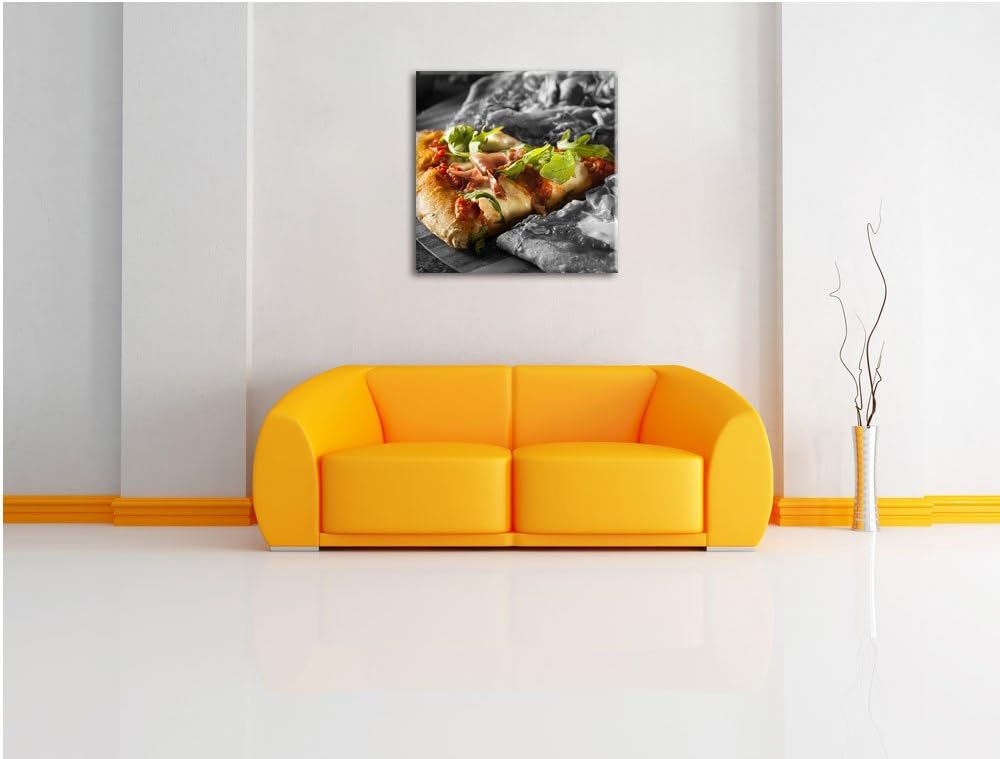 leckere Pizza mit Bacon und Rucola schwarz/weiss, Format: 70x70 auf Leinwand, 70x70