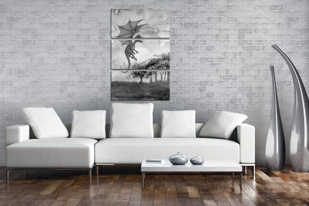 deyoli Fantasiegemälde eines lila Drachen Format: 3Teilig als Leinwand, Effekt: Schwarz&Weiss, Motiv