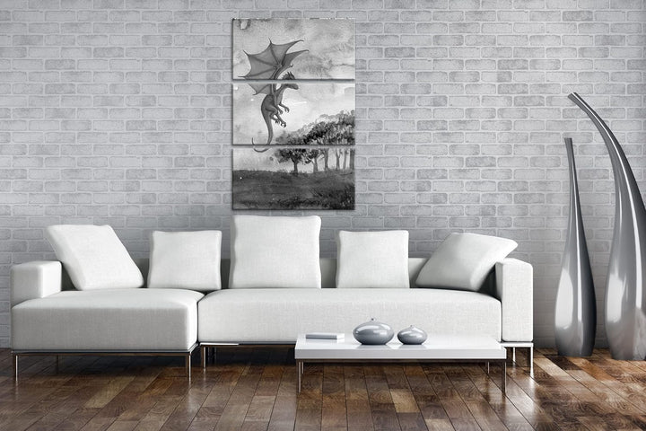 deyoli Fantasiegemälde eines lila Drachen Format: 3Teilig als Leinwand, Effekt: Schwarz&Weiss, Motiv