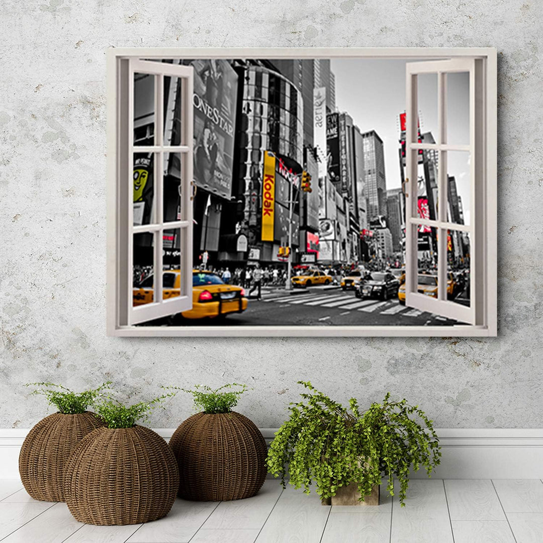 Feeby Wandbild Times Square Druckbild Leinwandbild Fenster-Illusion Grau 90x60 cm Leinwandbild 90x60