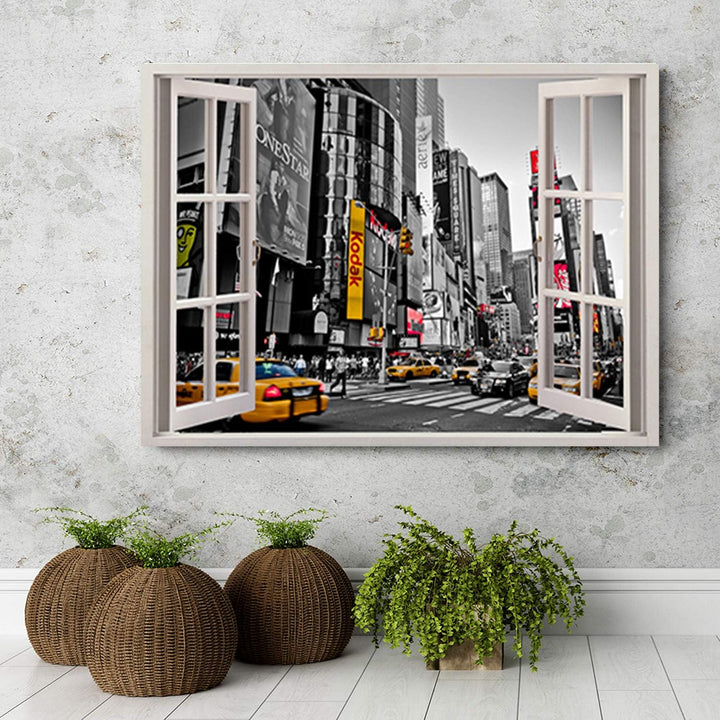 Feeby Wandbild Times Square Druckbild Leinwandbild Fenster-Illusion Grau 90x60 cm Leinwandbild 90x60