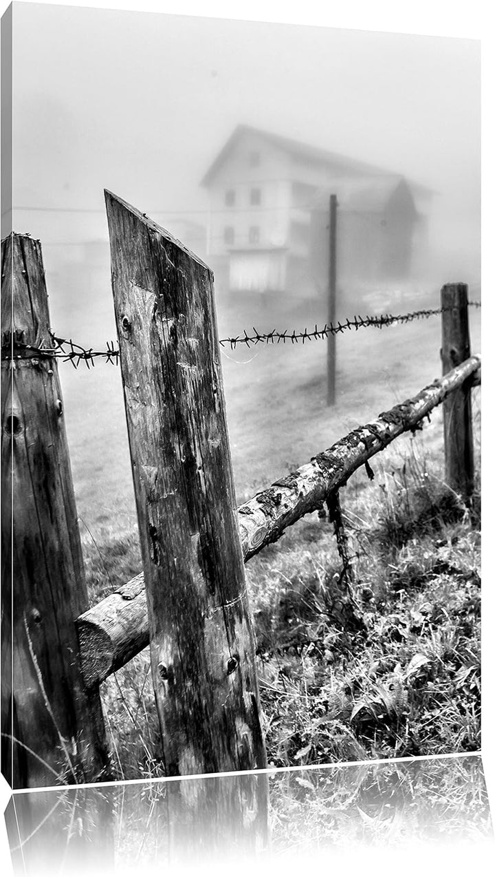 Pixxprint Holzzaun auf Wiese als Leinwandbild/Grösse: 100x70 / Wandbild/Kunstdruck/fertig bespannt,
