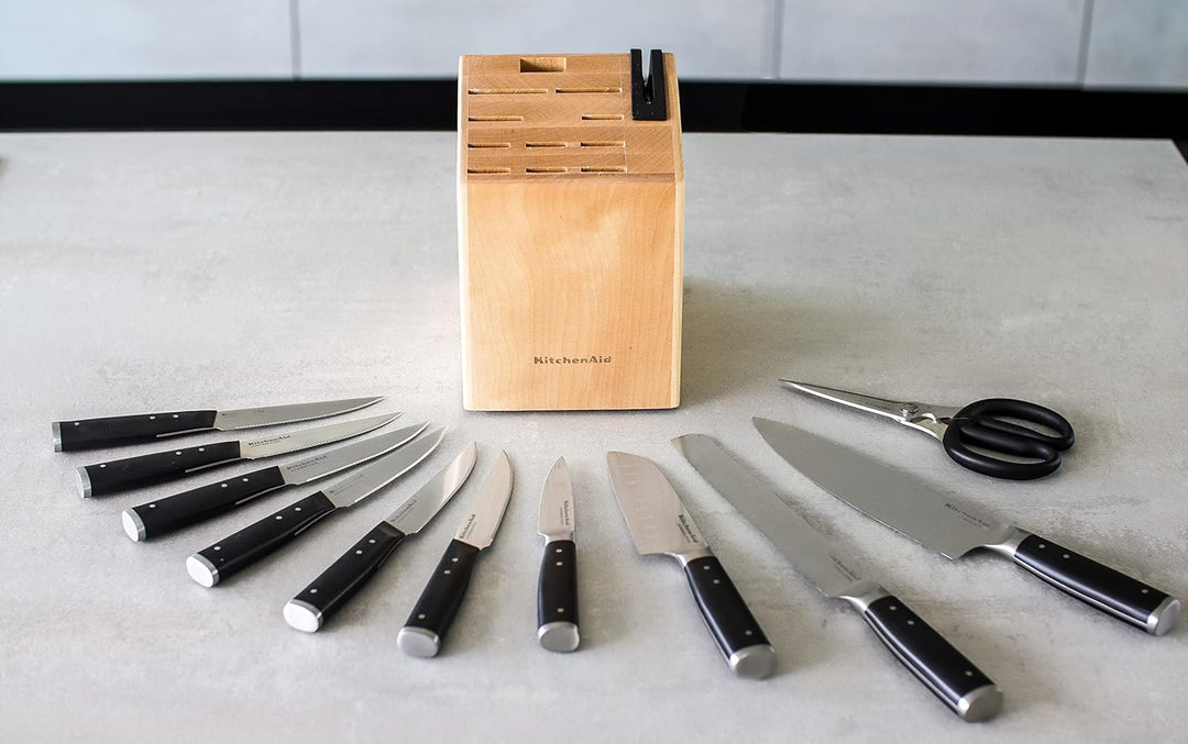 KitchenAid Gourmet 11-Piece Japanese Steel Knife Set with Sharpener and Birchwood Block & Pasta-Serv