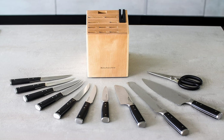 KitchenAid Gourmet 11-Piece Japanese Steel Knife Set with Sharpener and Birchwood Block & Pasta-Serv