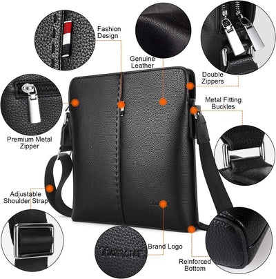YumSur Herren Umhängetasche, Leder Messenger Handtasche Crossbody Tasche für Männer Geldbörse iPad T