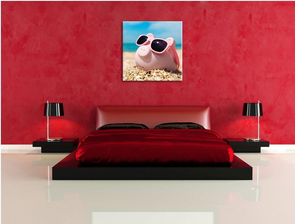 Schweinchen am Strand, Format: 70x70 auf Leinwand, XXL riesige Bilder fertig gerahmt mit Keilrahmen,