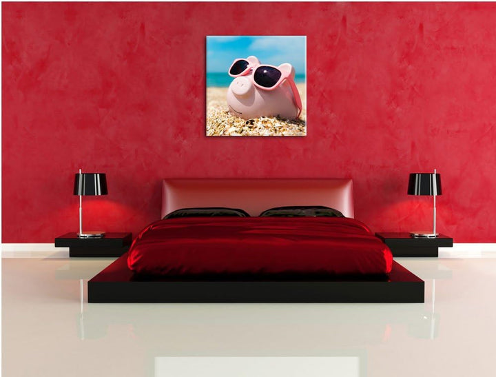 Schweinchen am Strand, Format: 70x70 auf Leinwand, XXL riesige Bilder fertig gerahmt mit Keilrahmen,