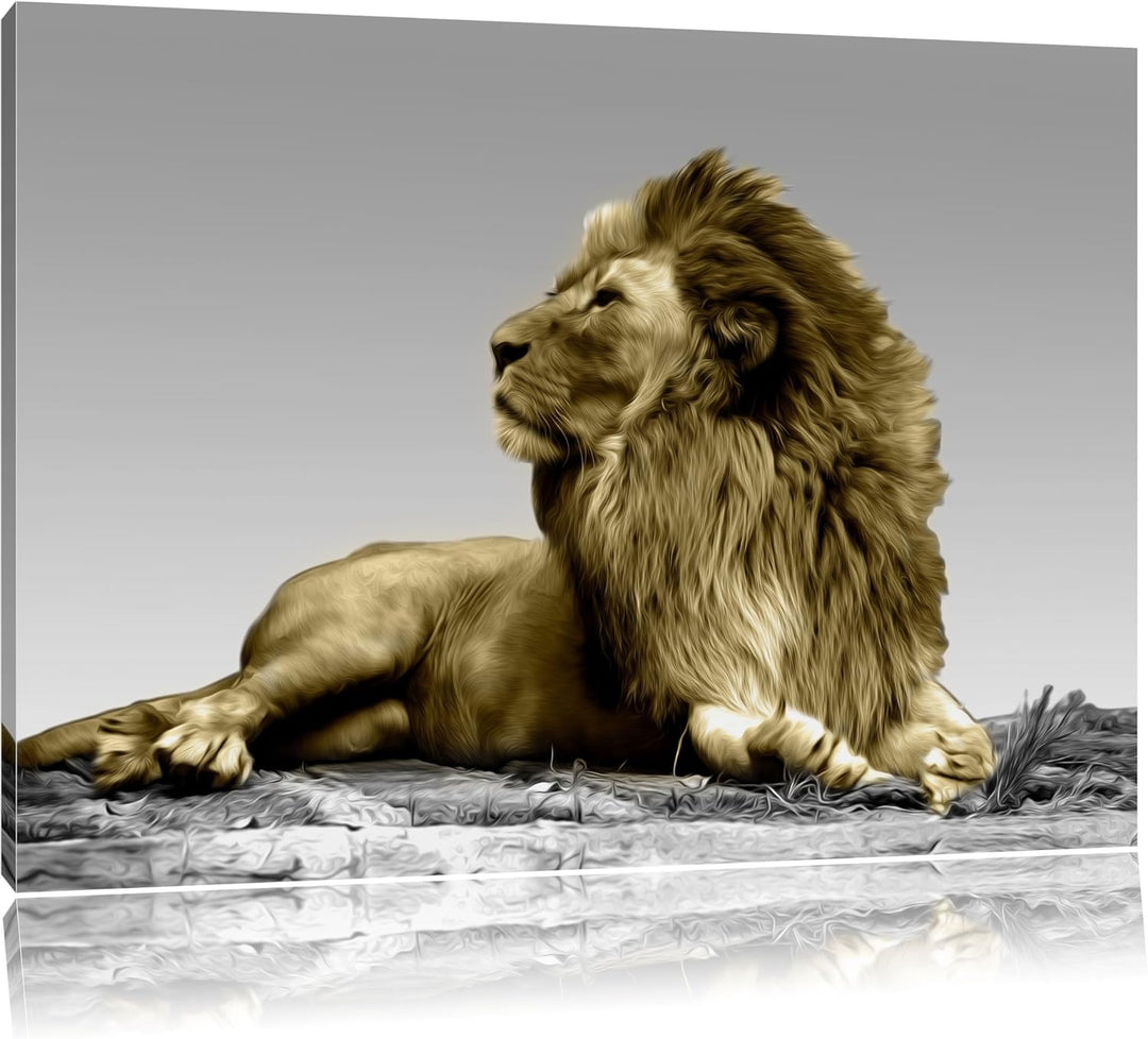 majestätischer Löwe auf Fels schwarz/weiss Format: 100x70 auf Leinwand, XXL riesige Bilder fertig ge