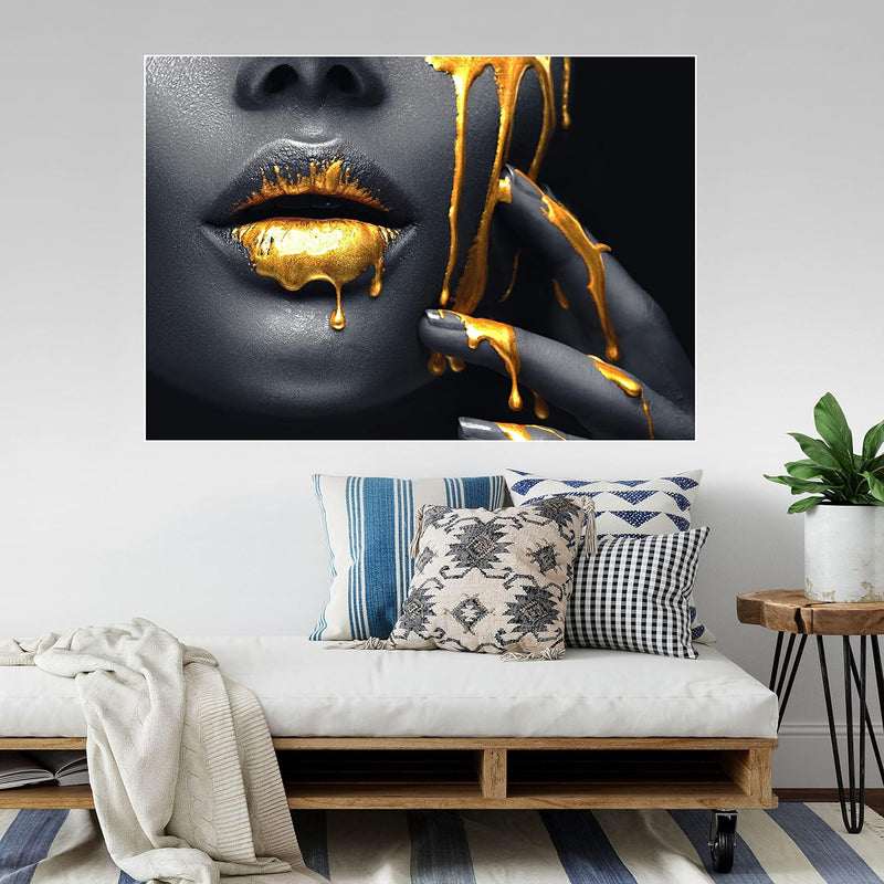 wandmotiv24 Poster als Wanddeko, Grösse 100x70cm, Frauen Lippen mit Goldener Farbe, Beauty, Frau, Ma