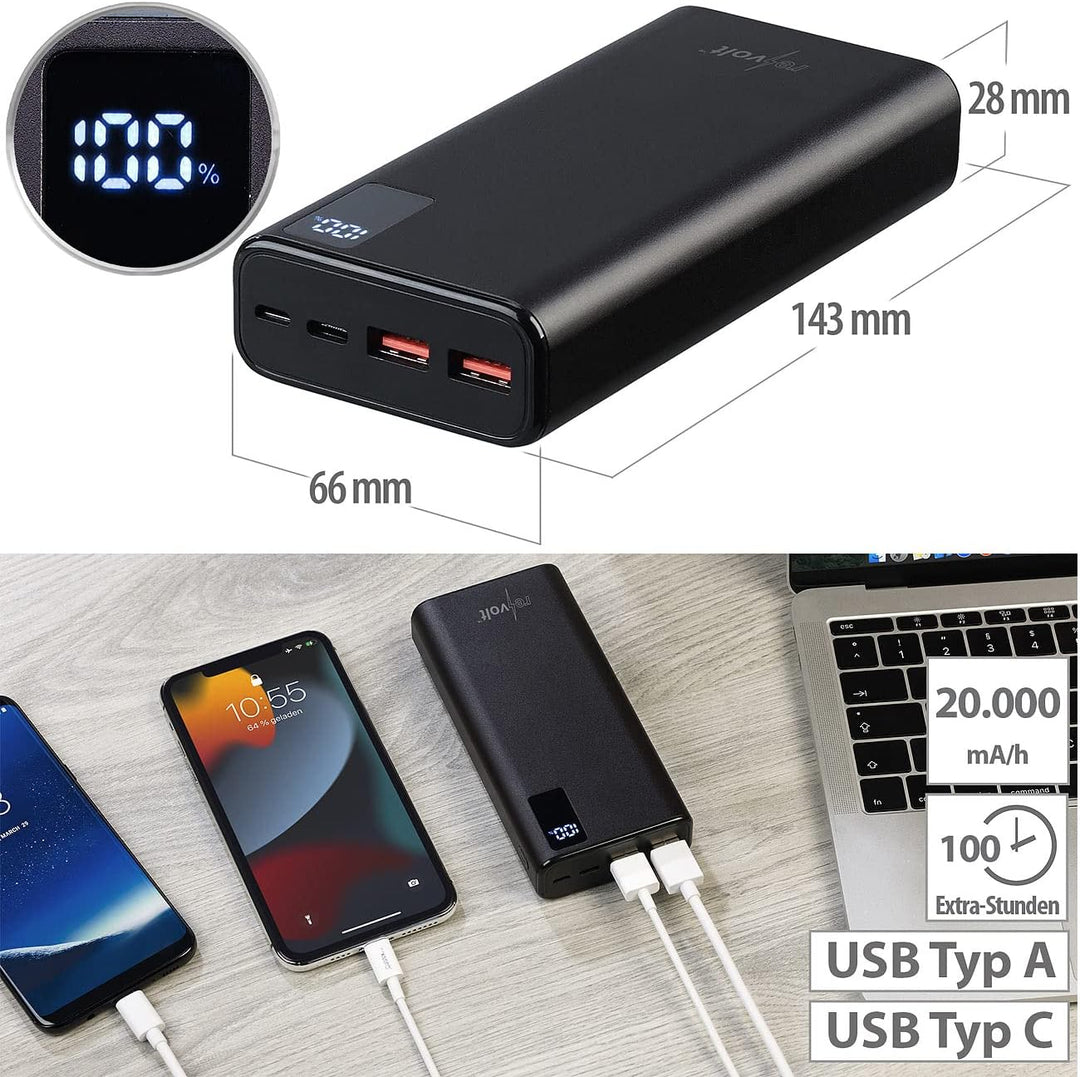 revolt Powerbank 12V: USB-Powerbank, 20.000 mAh, USB-C PD, Display, Metall, QC3.0, 3 A, 20 W (Powerb