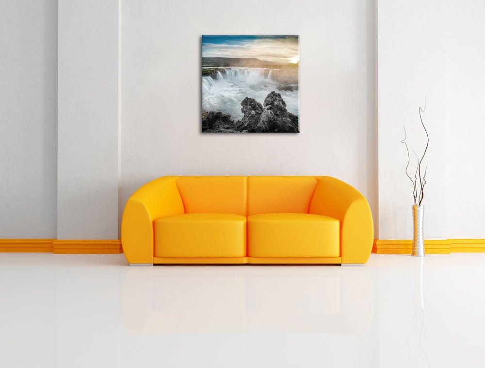 Pixxprint Goðafoss bei Sonnenuntergang schwarz/weiss, Format: 70x70 als Leinwandbild, 70x70