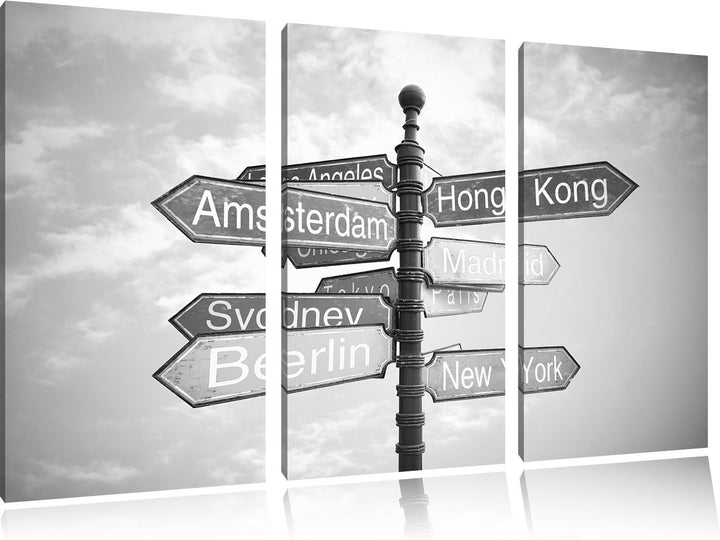 Pixxprint Städte Wegweiser Kunst B&W als Leinwandbild | Grösse: 3 Teilig (120x80) | Wandbild| Kunstd