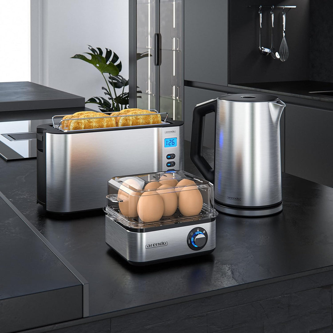 Arendo - Wasserkocher mit Toaster SET und Eierkocher, Edelstahl Silber, Wasserkocher 1,5L 40° - 100°