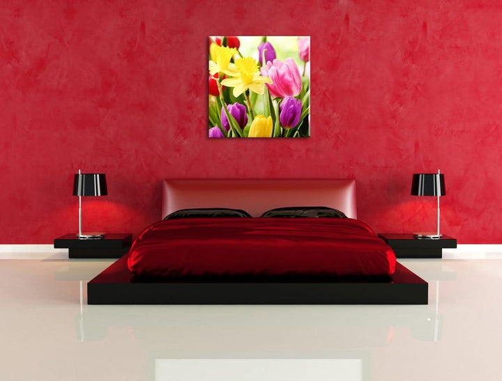 Pixxprint Farbenfrohe Osterglocken und Tulpen, Format: 70x70 auf Leinwand, 70x70