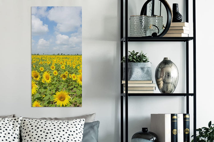 MuchoWow Leinwand Bilder, Einzigartige Wanddeko mit Rahmen, Sonnenblumen - Blumen - Wolken - Natur -
