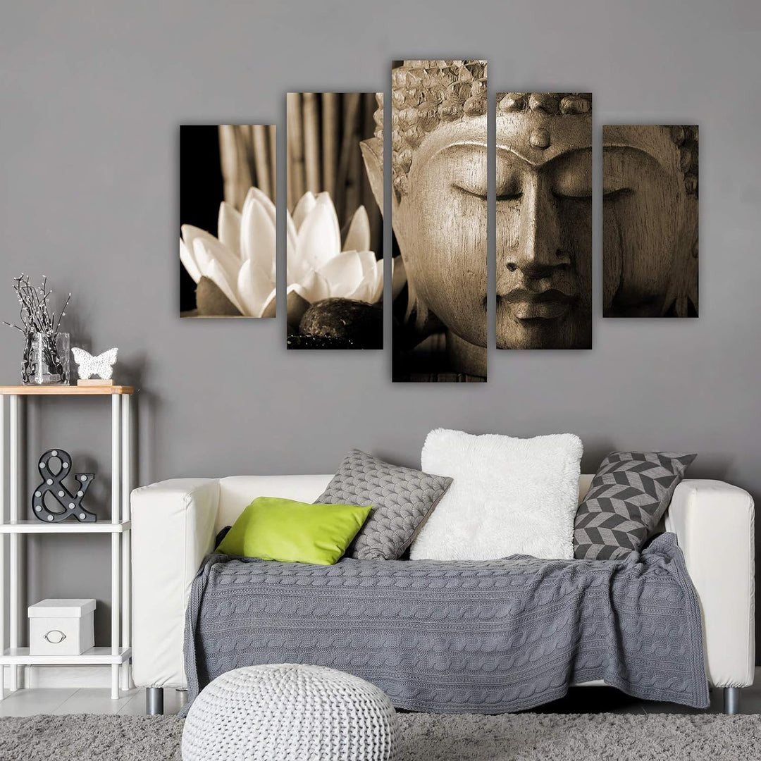 Feeby Deco Bild 5 Teilig Buddha Wanddekoration Blume Lilie Skulptur Zen Sepia 150x100 cm Deco panel