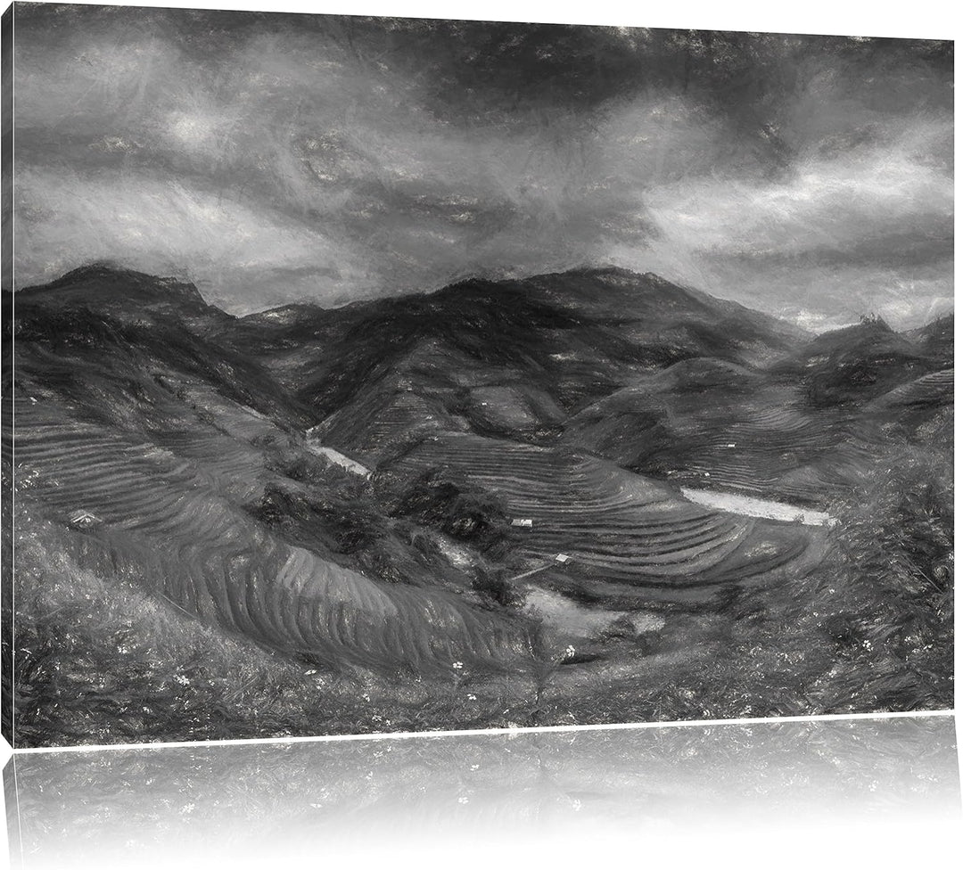 Pixxprint eine Berg Farm in Asien Kunst Kohle Effekt, Format: 100x70 auf Leinwand, XXL riesige Bilde