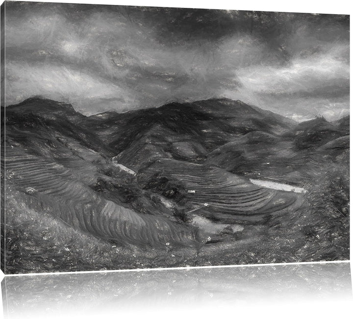 Pixxprint eine Berg Farm in Asien Kunst Kohle Effekt, Format: 100x70 auf Leinwand, XXL riesige Bilde