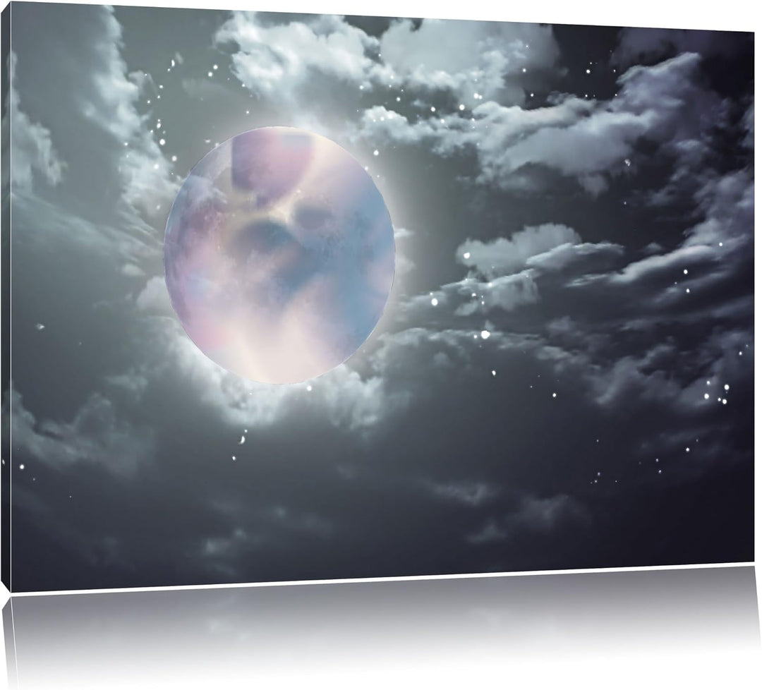 Vollmond unter Sternen und Wolken schwarz/weiss Format: 100x70 auf Leinwand, XXL riesige Bilder fert